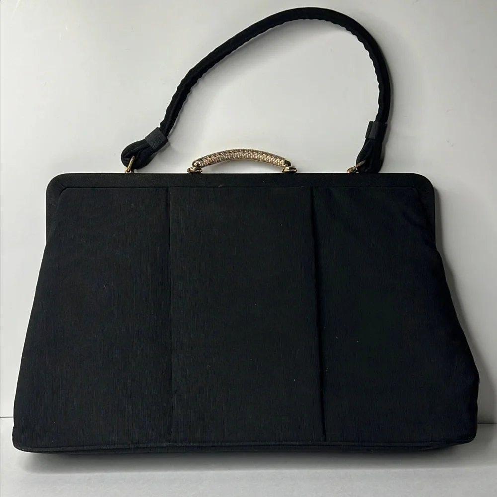 1960’s Black Large Structured Crepe Polyester Kisslock Handbag
